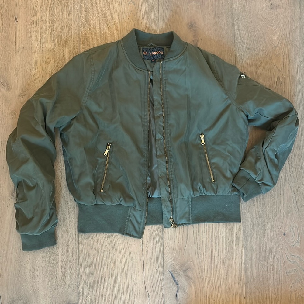 UK 12 QED London olive green bomber jacket. Pretty lining/ruched back detail.